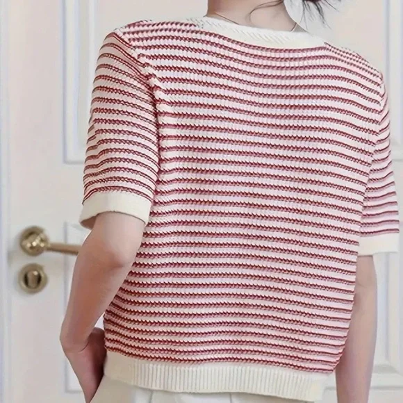 Striped Red and White Women's crochet Sweater - Picture 2 of 2
